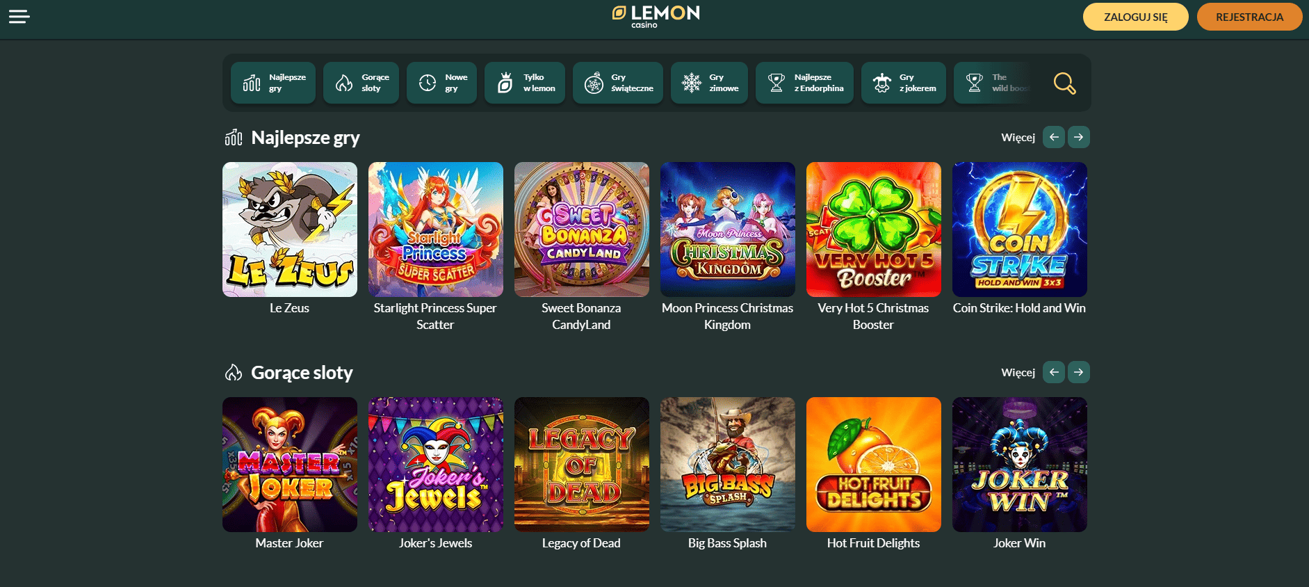 Lobby gier Lemon Casino z automatami, kasynem live i grami crash